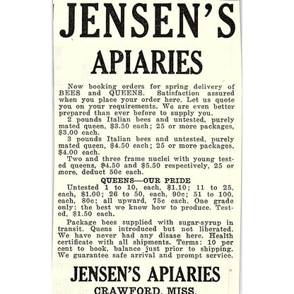 Jensen's Apiaries Crawford Mississippi 1926 Ad AG3-M8