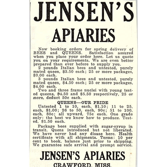 Jensen's Apiaries Crawford Mississippi 1926 Ad AG3-M8