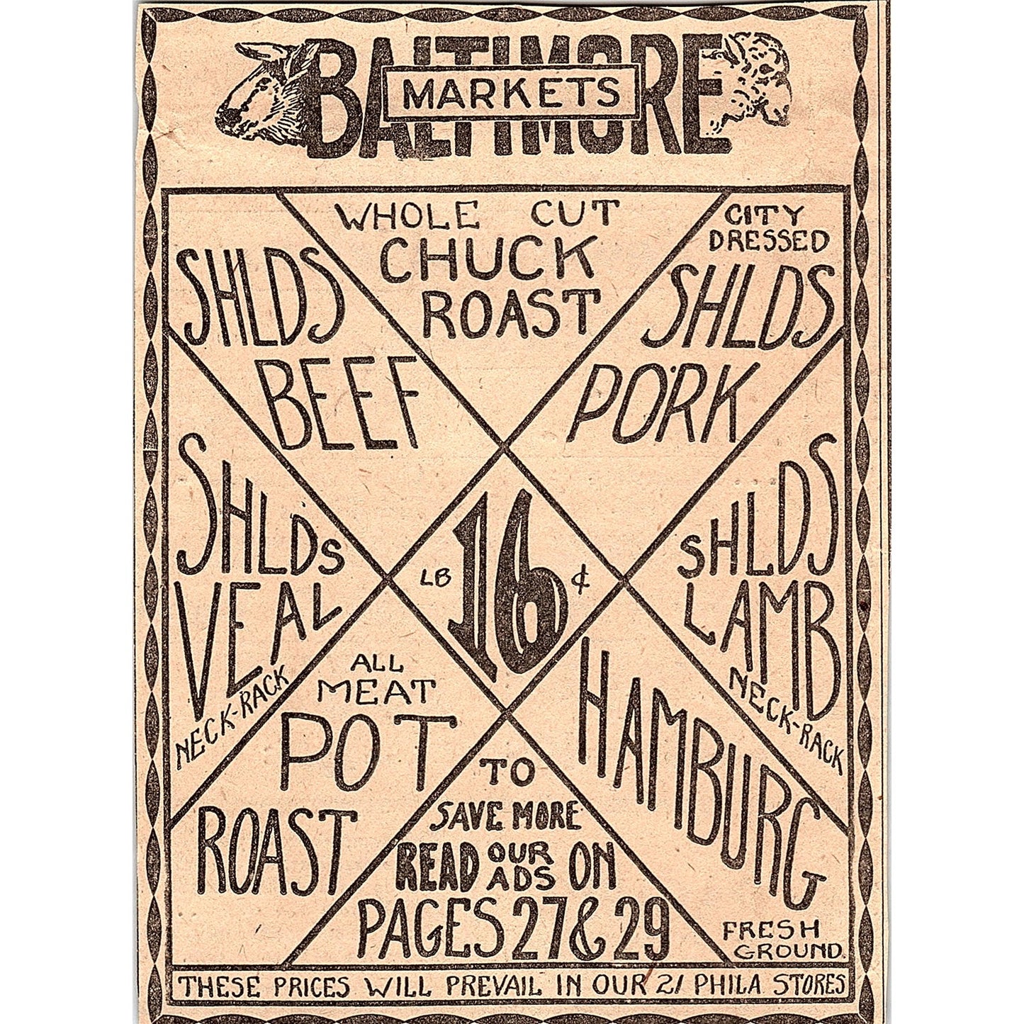 Baltimore Markets Philadelphia Stores Meat Prices 1931 Ad AG3-4