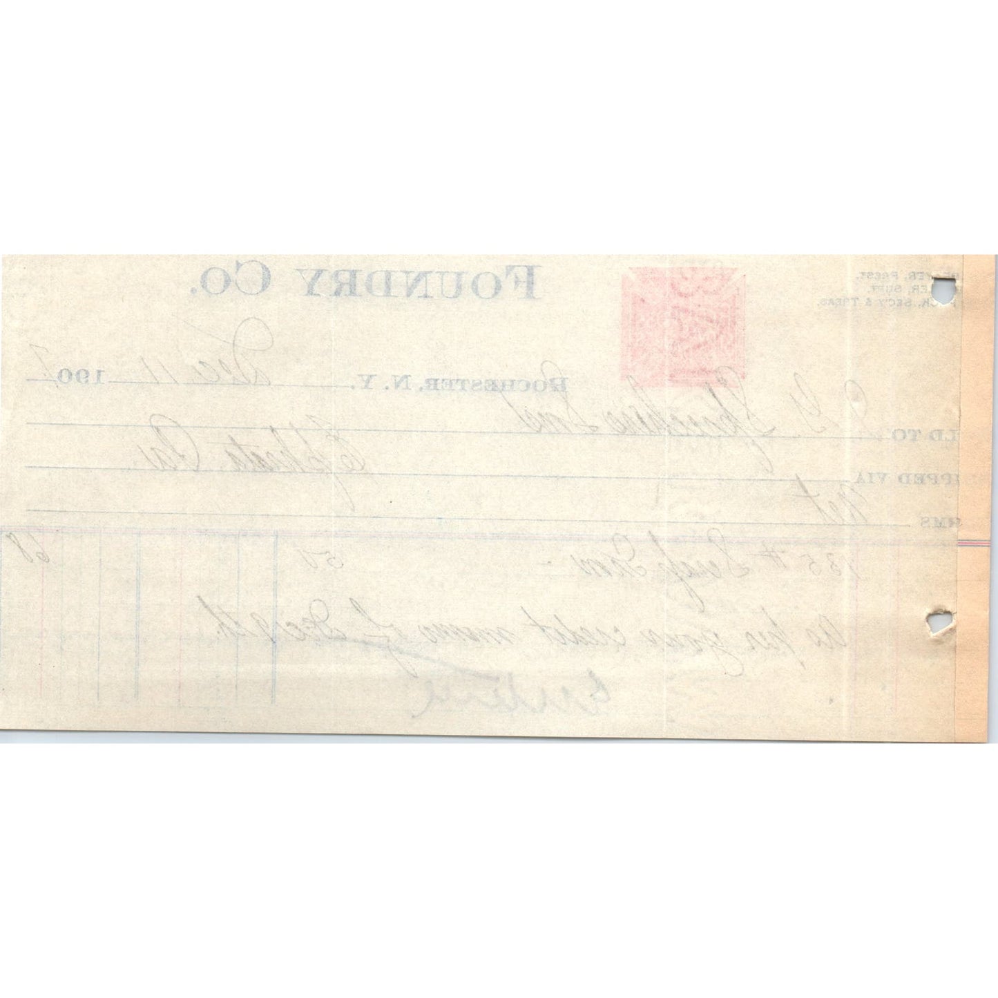 1907 Co-Operative Foundry Co Rochester NY Letterhead Billhead Receipt D11