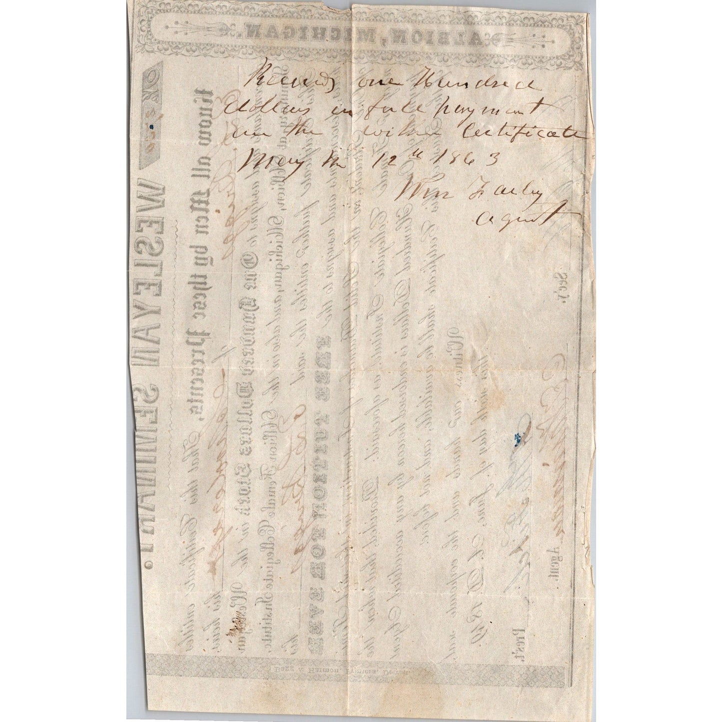 1849 Wesleyan Seminar Tuition Stock Stub Albion Michigan K23