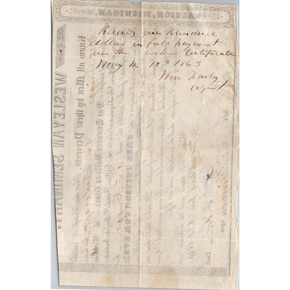 1849 Wesleyan Seminar Tuition Stock Stub Albion Michigan K23