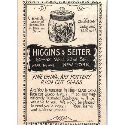 Higgins and Setter Fine China New York 1892 Magazine Ad AK6-M1