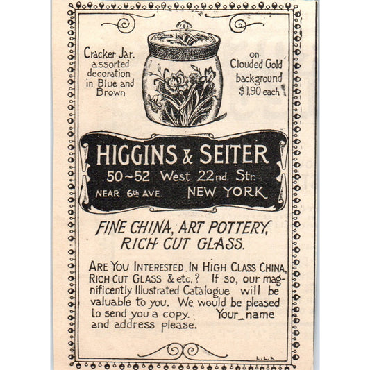 Higgins and Setter Fine China New York 1892 Magazine Ad AK6-M1