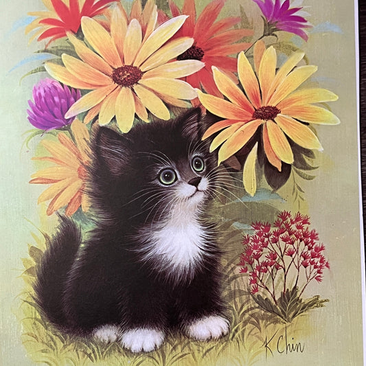 Retro Kitsch 1970s K. Chin Black Tuxedo Kitten Lithograph Art Print 9x12 V4