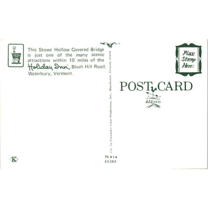 Holiday Inn Stowe Hollow Bridge Waterbury Vermont Covered Bridge Postcard PC7