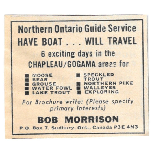 Bob Morrison Northern Ontario Guide Service Sudbury Ont CA 1977 Ad AF6-S1