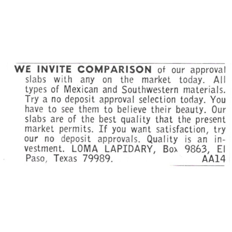 Loma Lapidary Mexican & Southwest Materials El Paso Texas 1972 Ad AF8-S8