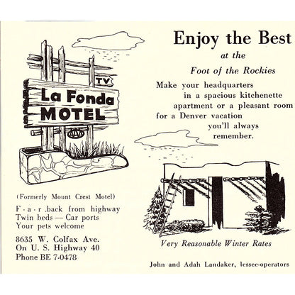 La Fonda Motel John & Ada Landaker, Golden Hours Motel Denver CO 1958 Ad AG1-H1