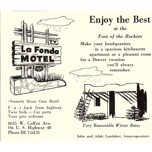 La Fonda Motel John & Ada Landaker, Golden Hours Motel Denver CO 1958 Ad AG1-H1