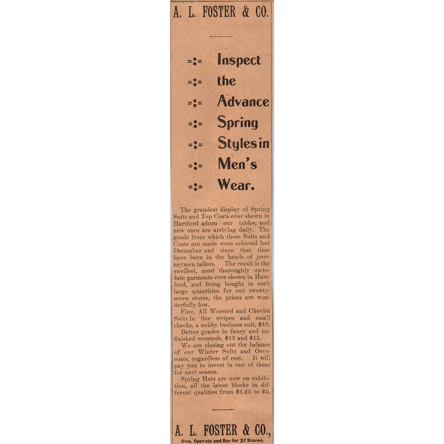 A.L. Foster & Co Men's Clothing Hartford 1901 Newspaper Ad AD8-H3