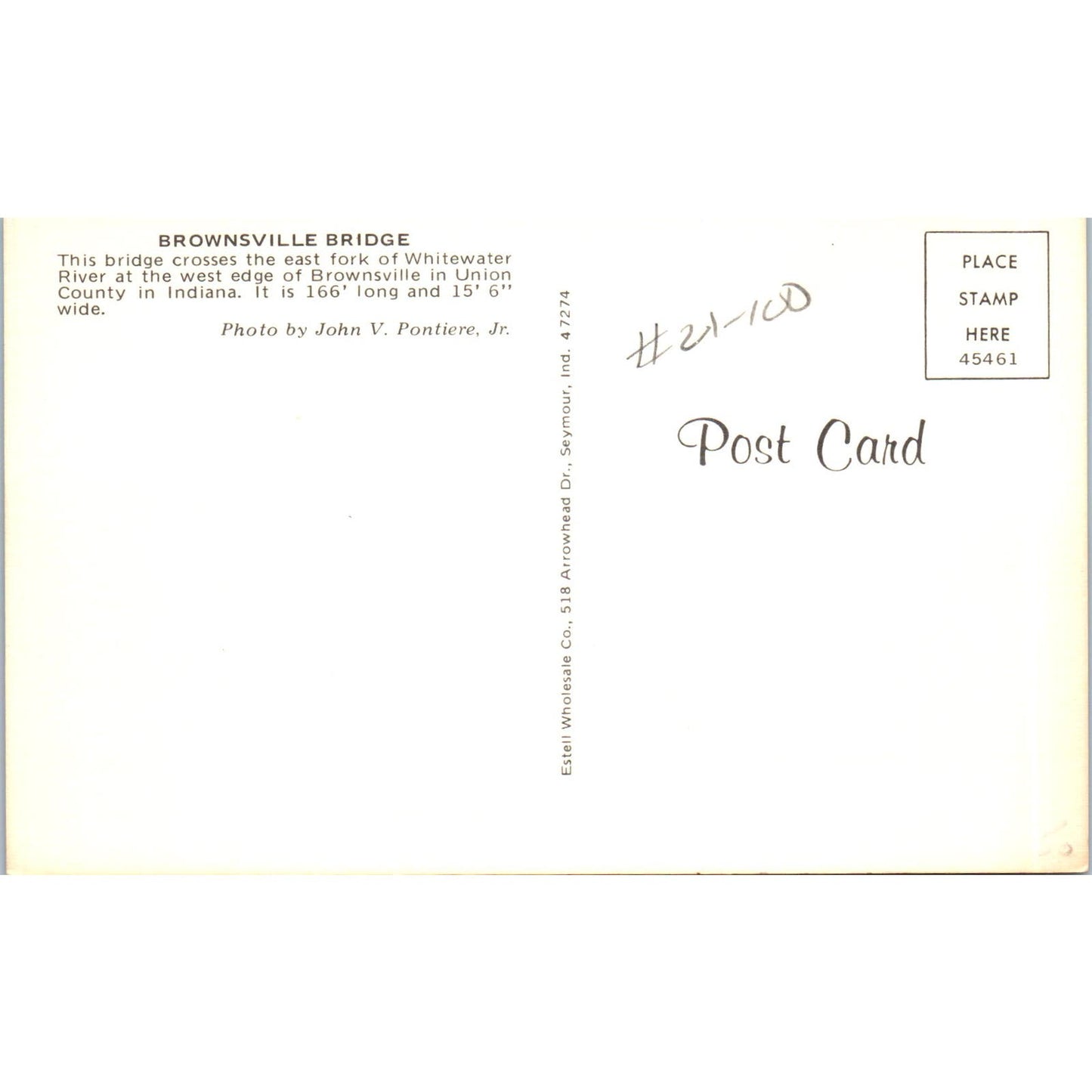 Brownsville Bridge Union County IN Vintage Covered Bridge Postcard PC16