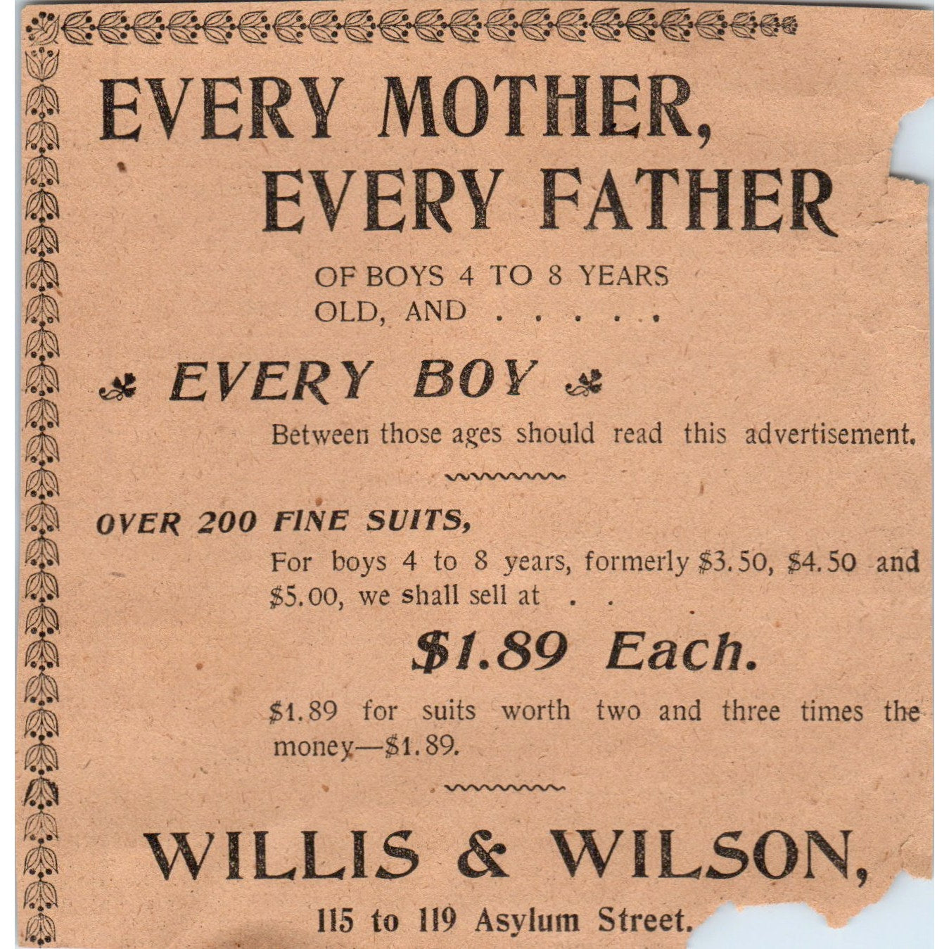 Willis & Wilson Fine Suits Asylum St. Hartford 1901 Newspaper Ad AD8-H2