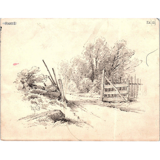 Sketch of Country Road, Open Gate Signed W.N.B. Vintage Art Print 4x5 V12