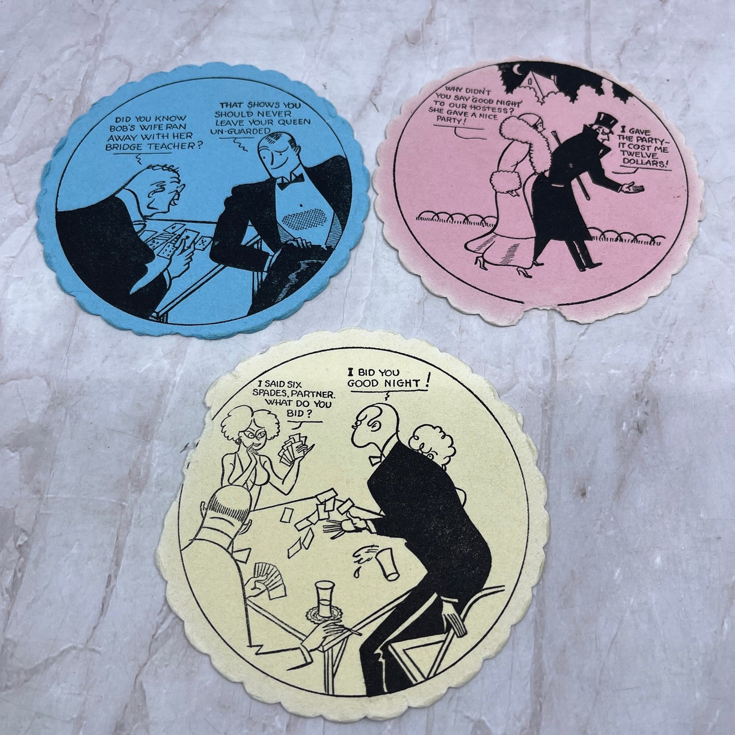 Vintage Bridge Coaster Illustrated Humor Cartoon Set of 3 TH9-BC-6