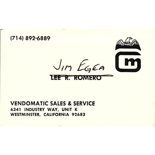Jim Egea Lee R Romero Vendomatic Sales Westminster CA Vtg Business Card SE5-B1