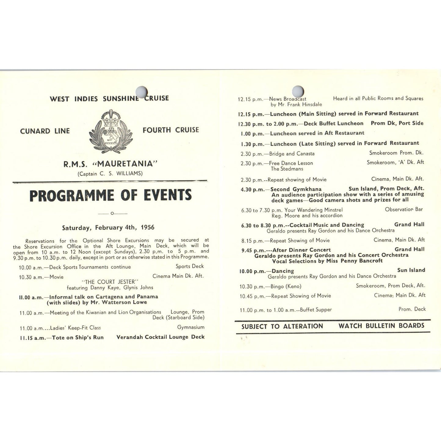 1956 Feb 4th RMS Mauretania Cunard Line Program Capt. C.S. Williams AB9