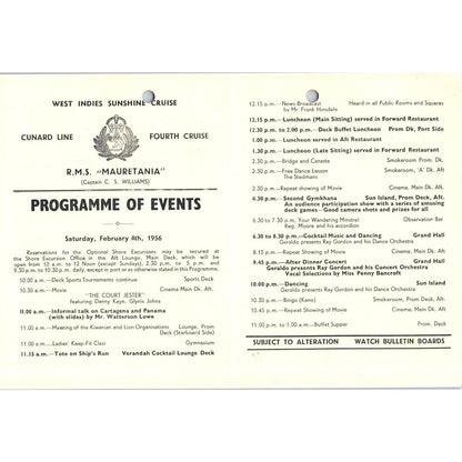 1956 Feb 4th RMS Mauretania Cunard Line Program Capt. C.S. Williams AB9