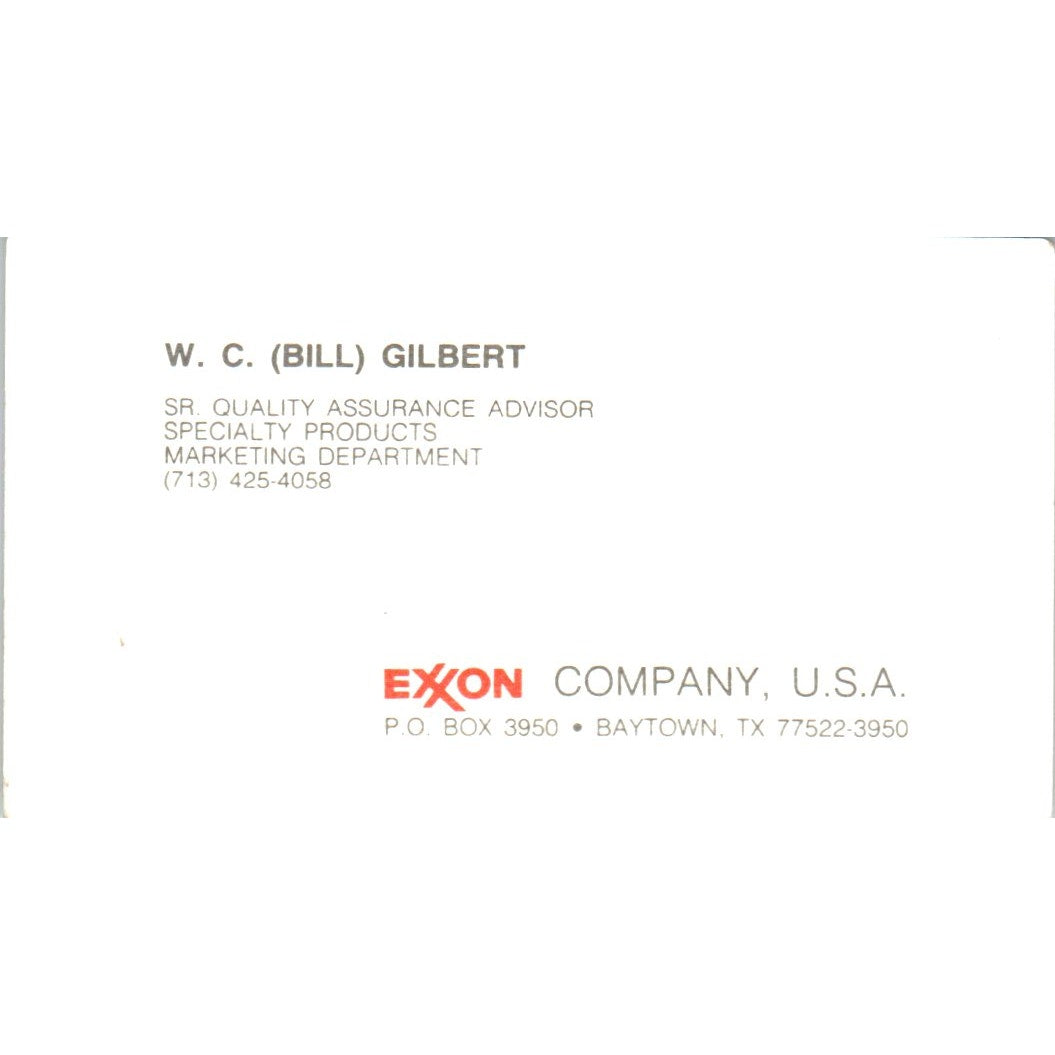 W.C. Bill Gilbert Exxon Oil Baytown TX Vintage Business Card SD8-B21