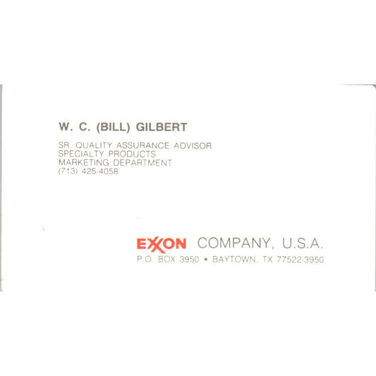 W.C. Bill Gilbert Exxon Oil Baytown TX Vintage Business Card SD8-B21