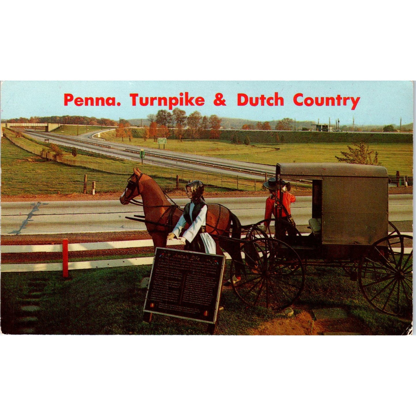 Amish Buggy and PA Turnpike Lancaster Pennsylvania Dutch Country Postcard PD8