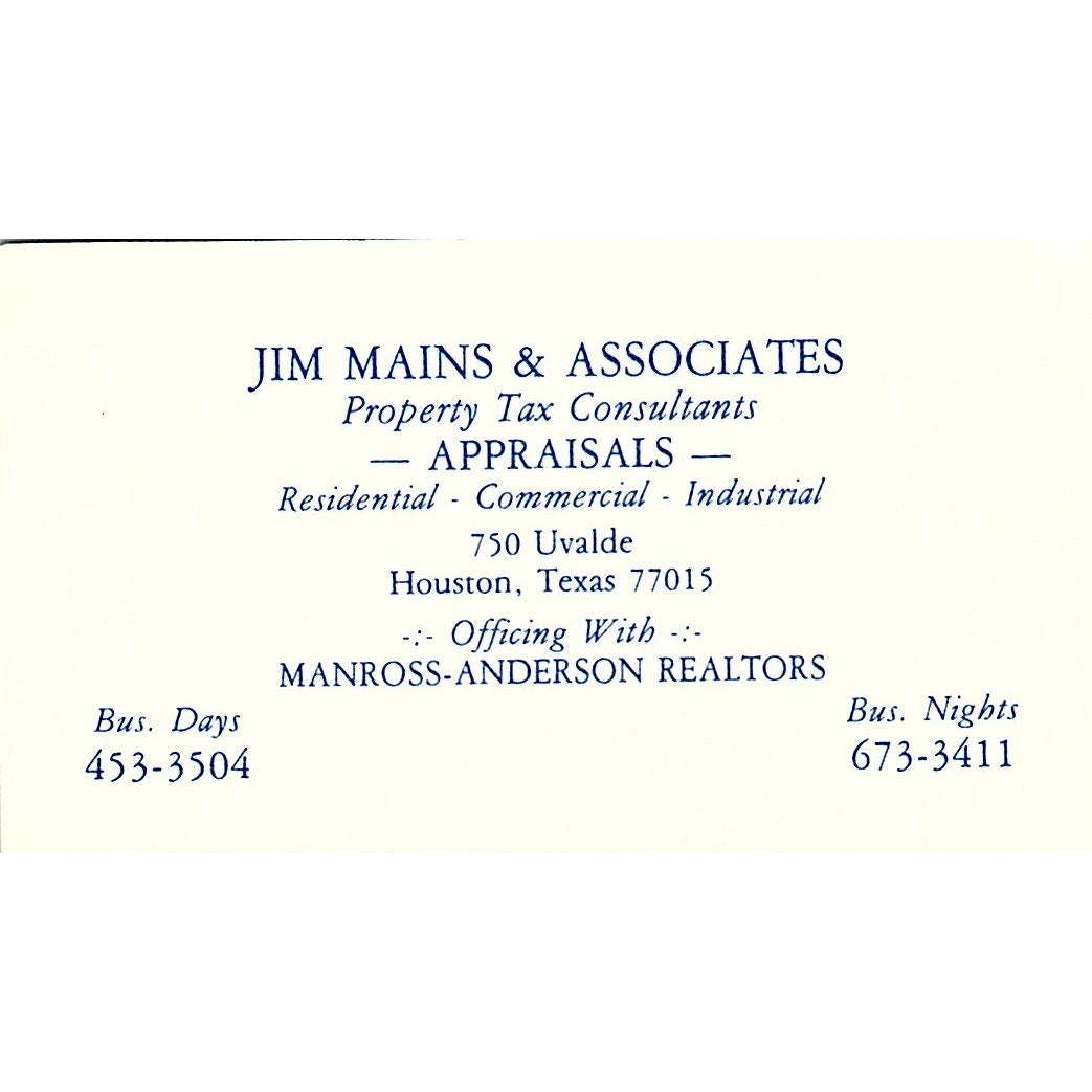Jim Mains & Associates Appraisals Houston Vintage Business Card SD9-B14