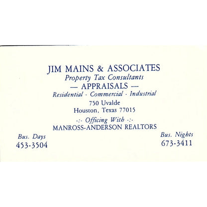 Jim Mains & Associates Appraisals Houston Vintage Business Card SD9-B14