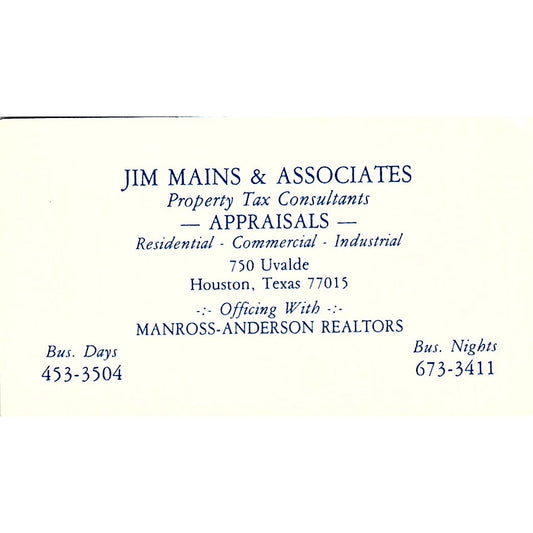 Jim Mains & Associates Appraisals Houston Vintage Business Card SD9-B14