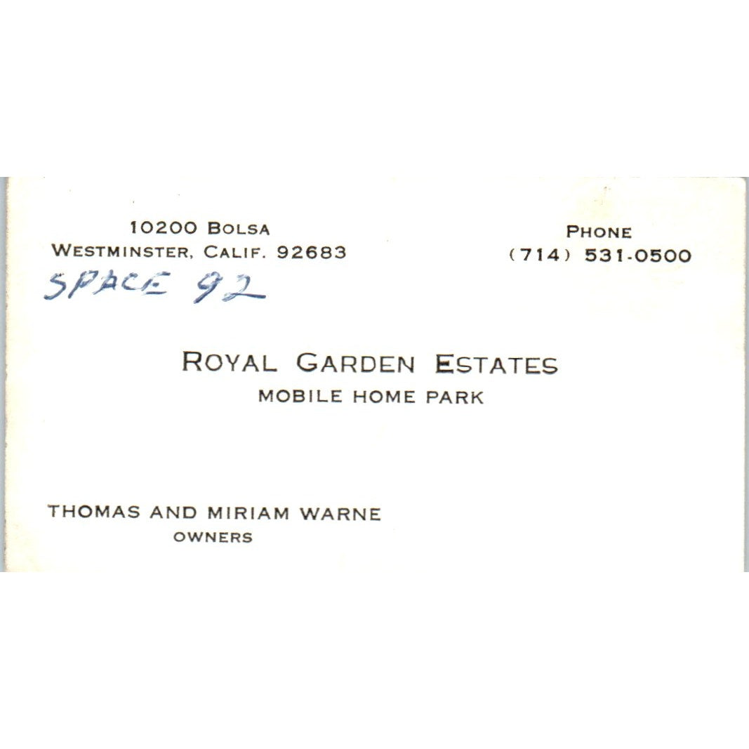 Thomas & Miriam Warne Royal Garden Estates Westminster CA Business Card SD8-B3