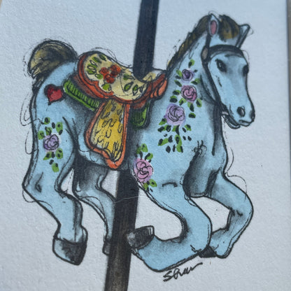 Blue Carousel Horse 5x7 Matted Print Hand Watercolor, Signed Shar Coulson