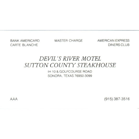 Devil's River Motel Sutton County Steakhouse Sonora TX Vtg Business Card SD8-B8