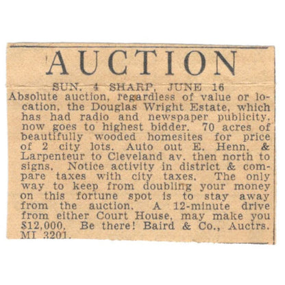 Baird & Co Auction Douglas Wright Estate 1935 Minneapolis Journal Ad AE7-H3