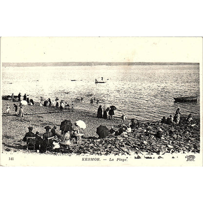 Kermor La Plage Beach Scene French Antique Postcard PE10