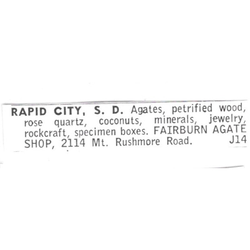 Fairburn Agate Shop Rapid City South Dakota 1972 Ad AF8-S26