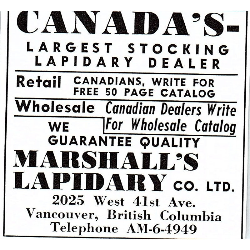 Marshall's Lapidary Co Ltd Vancouver British Columbia 1972 Ad AF8-M2