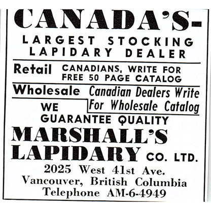 Marshall's Lapidary Co Ltd Vancouver British Columbia 1972 Ad AF8-M2