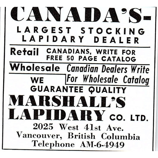 Marshall's Lapidary Co Ltd Vancouver British Columbia 1972 Ad AF8-M2
