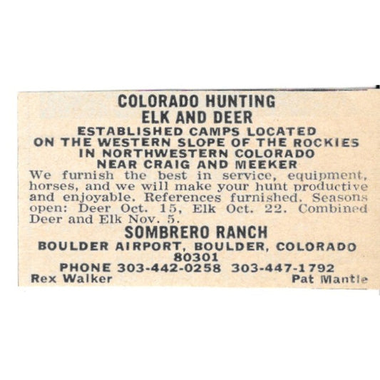 Sombrero Ranch Rex Walker Pat Mantle Boulder CO 1977 Ad AF6-S3