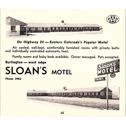 Settle Motel Buena Vista Ed Riffle, Sloan's Motel Burlington CO 1958 Ad AG1-H2