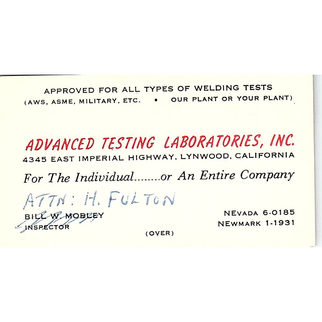 H. Fulton Advanced Testing Laboratories Lynwood CA Vintage Business Card SC9-B12