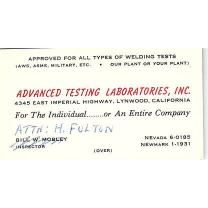 H. Fulton Advanced Testing Laboratories Lynwood CA Vintage Business Card SC9-B12
