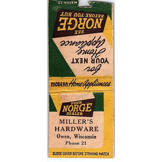Miller's Hardware Owen WI Norge Dealer Vintage Matchbook Cover SF3-Y9