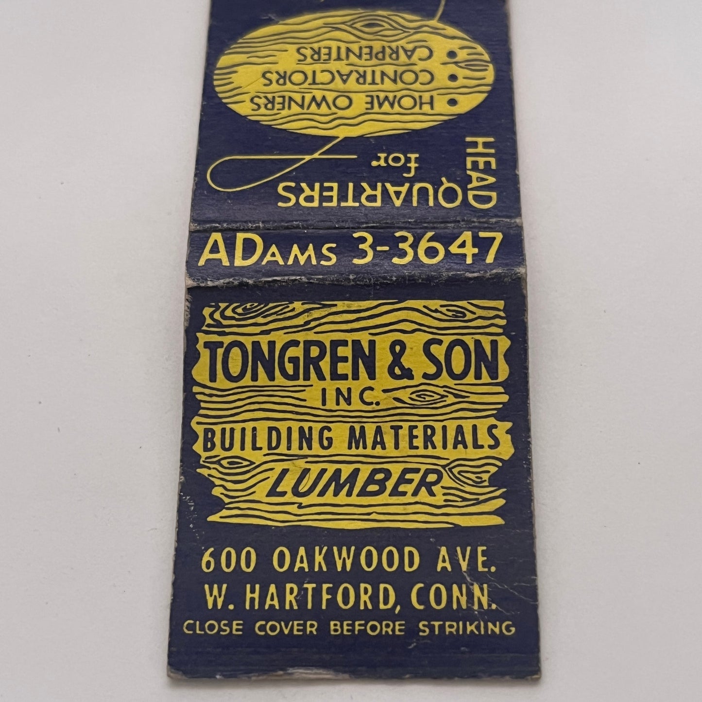 Tongren & Son Inc Lumber West Hartford CT Vintage Matchbook Cover TB8-MB2-2