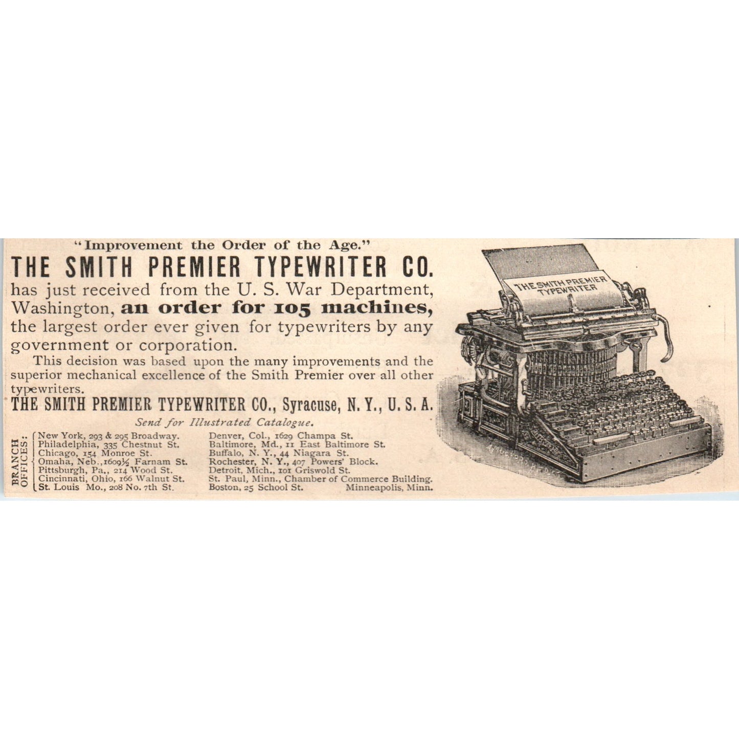 The Smith Premier Typewriter Co Syracuse NY 1892 Magazine Ad AK6-H1