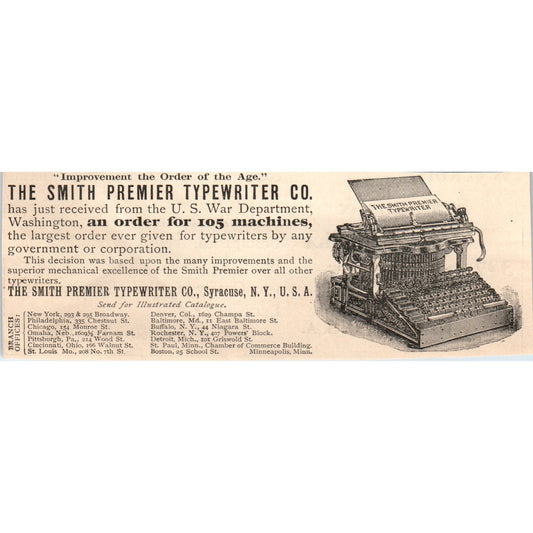 The Smith Premier Typewriter Co Syracuse NY 1892 Magazine Ad AK6-H1