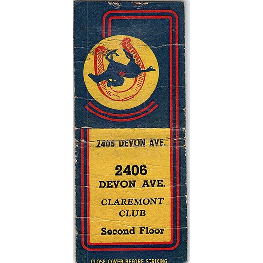 Claremont Club 2406 Devon Ave Elk Grove VIllage IL Vtg Matchbook Cover SC7-Y8