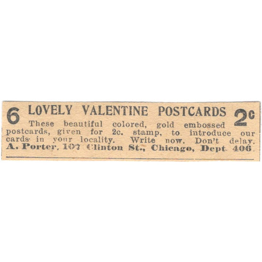 A. Porter Valentine Post Cards Chicago IL 1910 Magazine Ad AF1-SS9