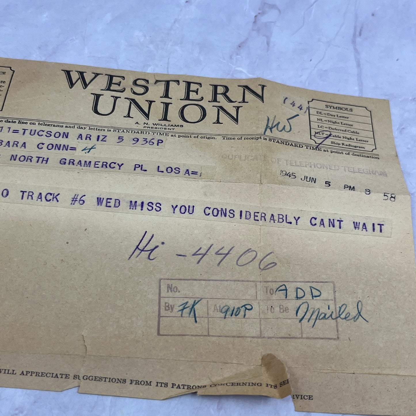 1945 Los Angeles CA Barbara Conn Tucson AZ Western Union Telegram TJ5-TB