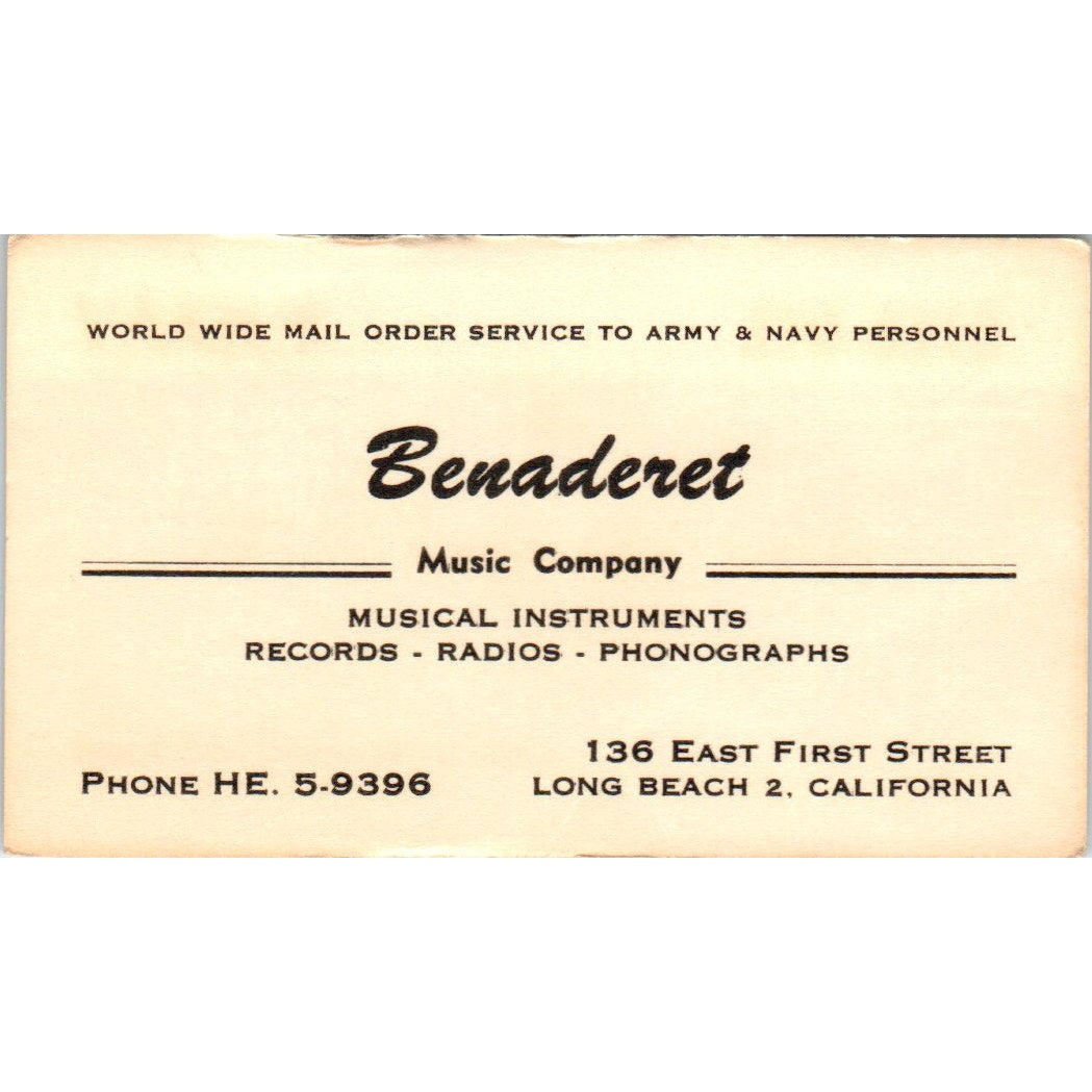 Benaderet Music Company Long Beach CA Vintage Business Card SD8-B20