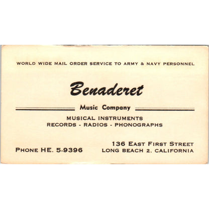 Benaderet Music Company Long Beach CA Vintage Business Card SD8-B20